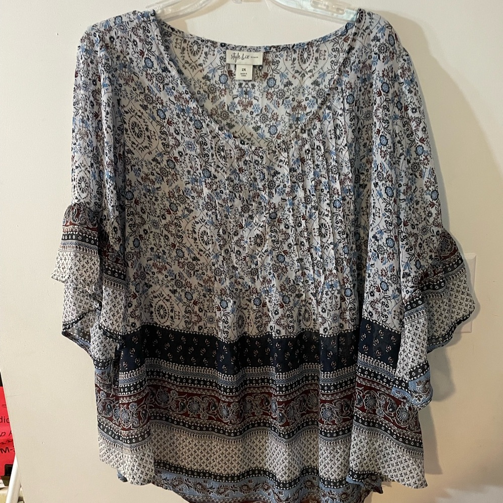 Style & Co. Blue Paisley V-Neck Women’s Blouse Size 2X